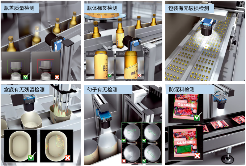 瓶蓋質(zhì)量檢測，瓶體標(biāo)簽檢測，包裝有無破損檢測，盒底有無殘留檢測，勺子有無檢測，防混料檢測.png